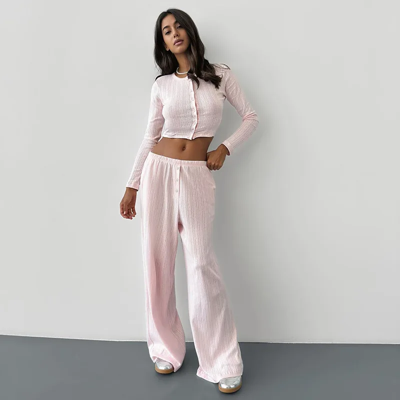 Women Knitted 2Pcs Pajama Set White Long Sleeve Single Breasted Crop Tops High Wasit Pants Casual Loungewear Autumn Outfits Suit