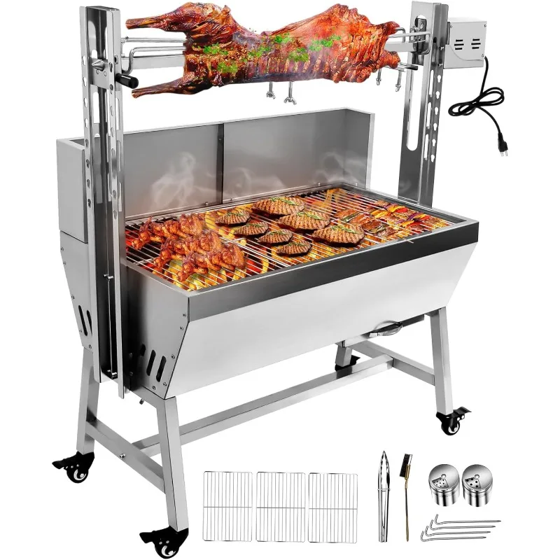 Gril de rôtissoire en acier inoxydable avec protection de couverture arrière, capacité de 132 lb, moteur de 25 W, rôtissoire pour petit cochon et agneau, barbecue de 37 pouces