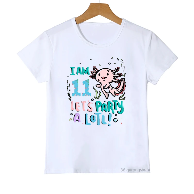 3-14th Ulang Tahun Axolotl Aku 10 Let'S Party A Lotl Kawaii Girls T-Shirt untuk Anak-anak Hadiah Ulang Tahun Tshirt Mode Pakaian Anak Tshirt