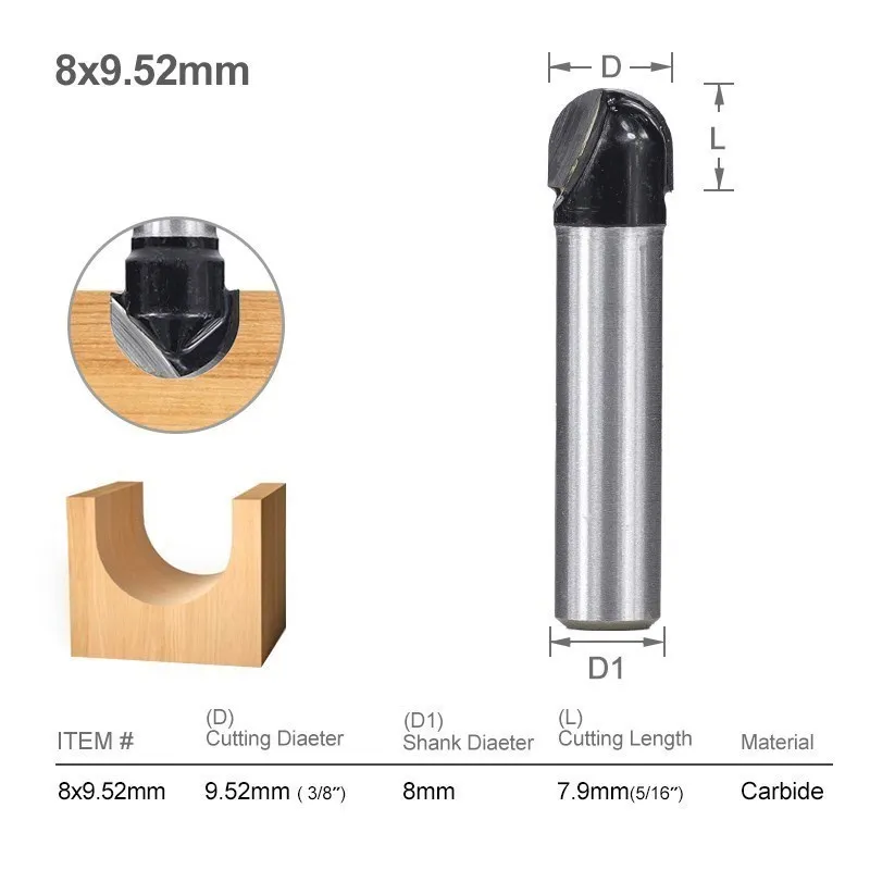 Milling Cutter 8mm Shank Ball Nose End Mill Tungsten Carbide Trimming Corner Round Router Bit for Woodworking Tools