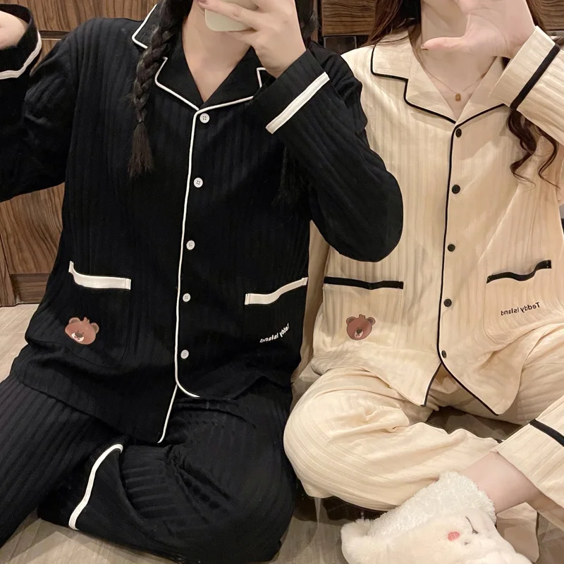 

Women Spring And Autumn Two Pieces Pajamas Long Sleeve Pants Set black Trousers Cardigan student sleepwear Homewear