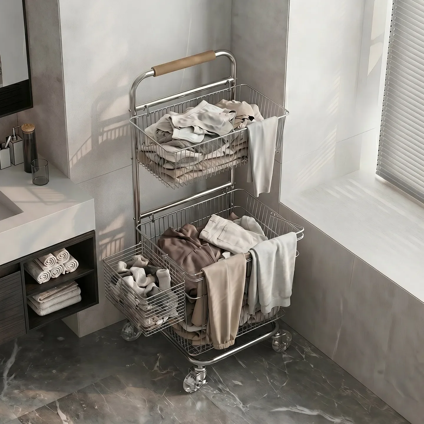 Stainless steel bathroom rack removable universal wheel laundry basket storage
