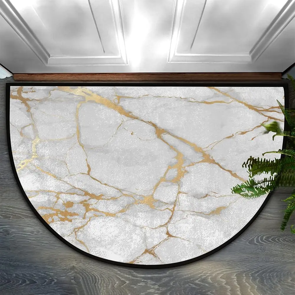 Gold Marble Half Round Rug White Stone Vein with Metallic Gold Flow Modern Entry Mat for Luxury Apartment