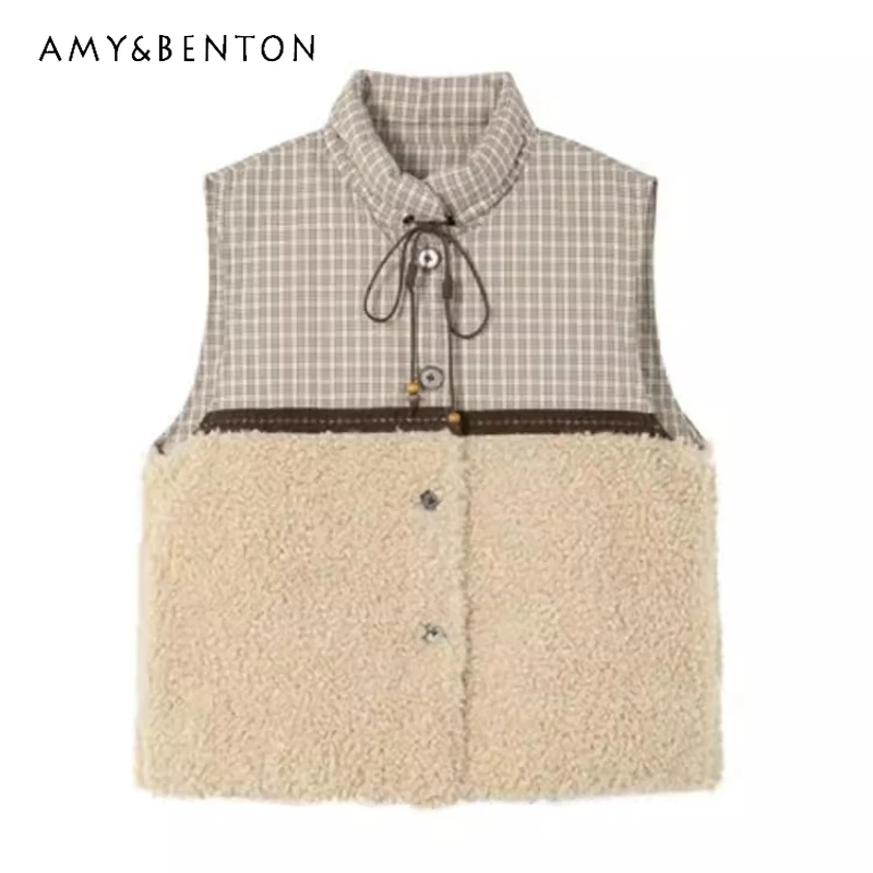 

Retro Design Khaki Plaid Splicing Lamb Wool Women's Vest Spring Autumn New Double-sided Warm Stand-up Collar Vests Jacket Ladies