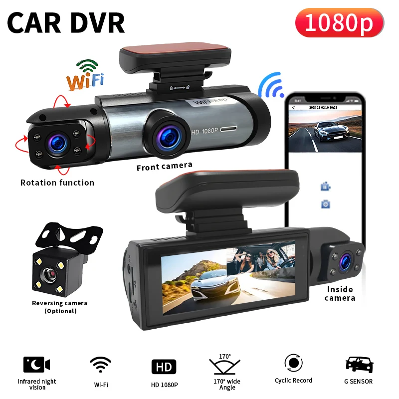 HD 1080P Dual Dash Cam for Cars WiFi APP Control Front Inside Camera IR Night Vision Wide Angle Loop Recording Car DVR