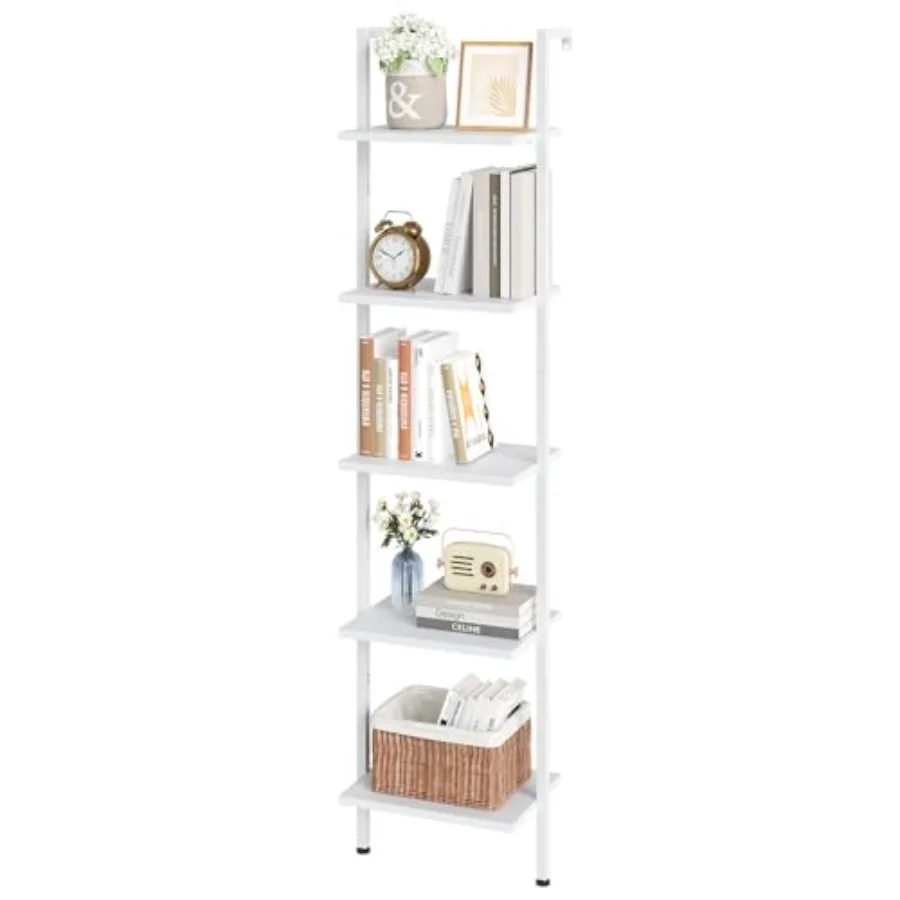 

Ladder Shelf, 5-Tier Wood Wall Mounted Bookshelf with Metal Frame, Modern Open Display Organizer Rack, Leaning Storage Shelves