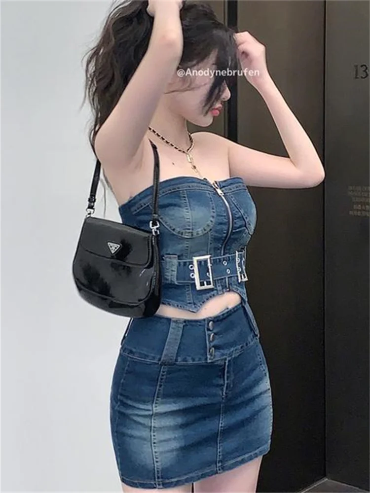 Irabeezt Hot Girl Denim Short Skirt Suits Women 2022 New Summer Korean Belt Bandeau Top + High Waist Hip Skirt Two-piece Trend