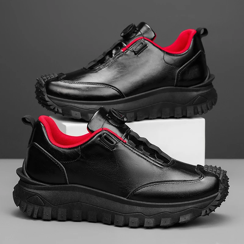 Shoes for Man 2026 New Leather Rotating Button Sneakers with Thick Sole for Increased Height Versatile Shoes Scarpe Running Uomo