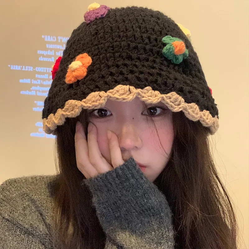 

Flower Knitted Fisherman Hat Women's Fall/winter Wool Casual Bucket Bob Hat