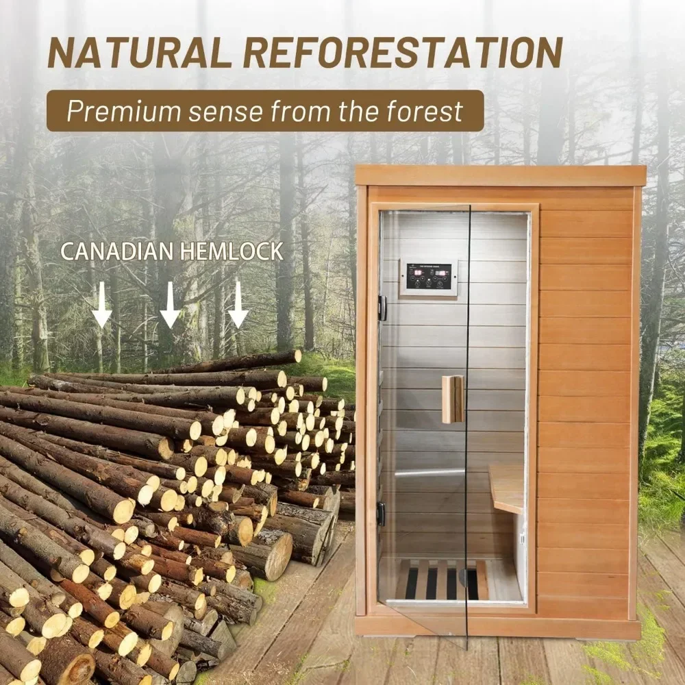 Sauna inframerah jauh, rumah Sauna ruang Spa low-emf Kanada kunci kayu Hemlock 800W Sauna dalam ruangan untuk rumah dengan Panel kontrol dan Tempered