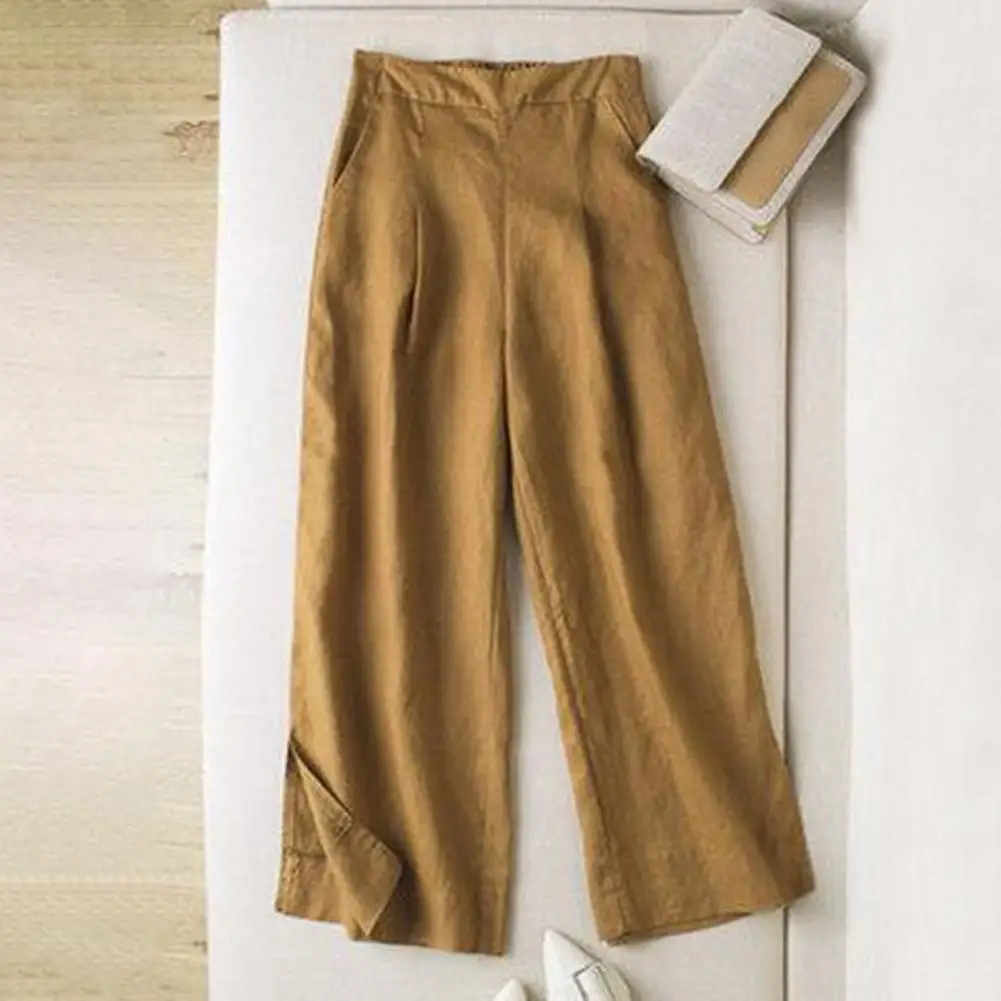 

Breathable Solid Color Trousers Casual Wide-leg Pants Stylish Women's Wide-leg Pants with Elastic Waist Pockets for Casual