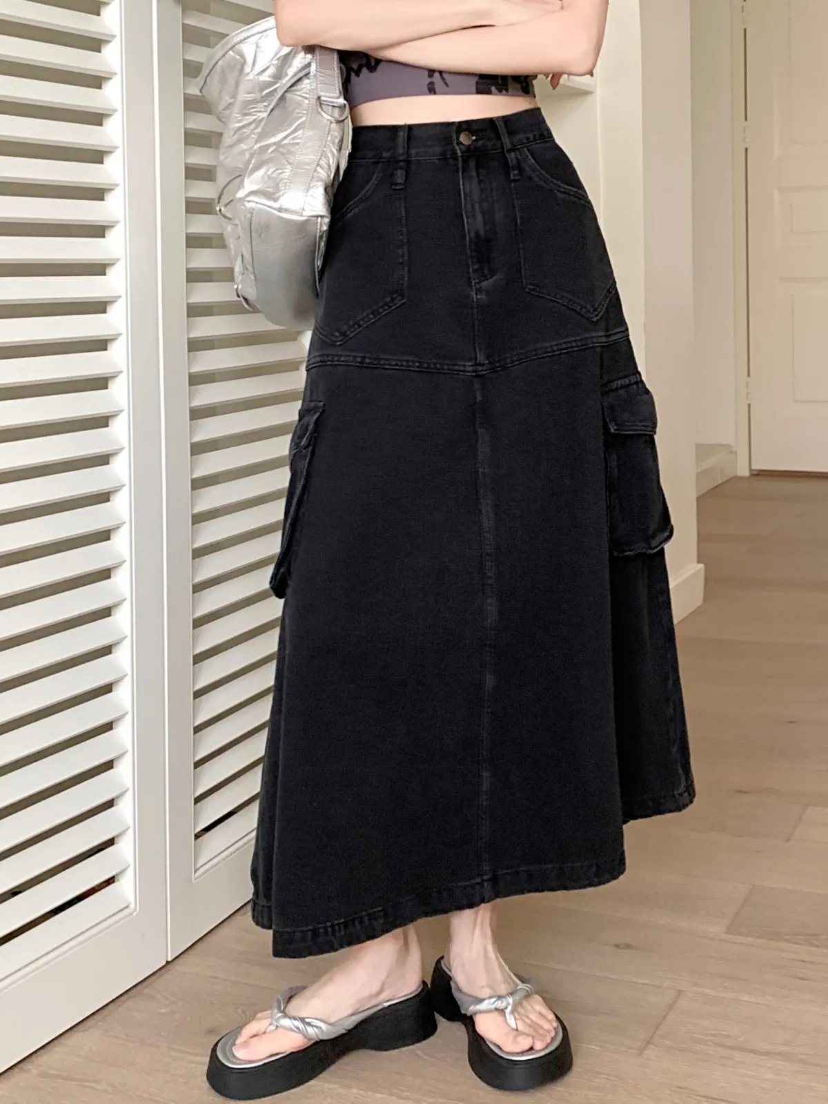 ZHISILAO A-line Long Denim Skirt for Women Vintage Y2K Pocket High Waist Cargo Skirt Autumn Summer 2023