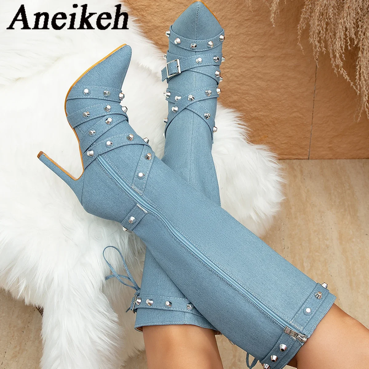 Aneikeh Fashion Studded Belt Knee High Boots Women Pointy Toe  Blue Denim High Heels Boots Zip Sexy Luxury Designer Shoes