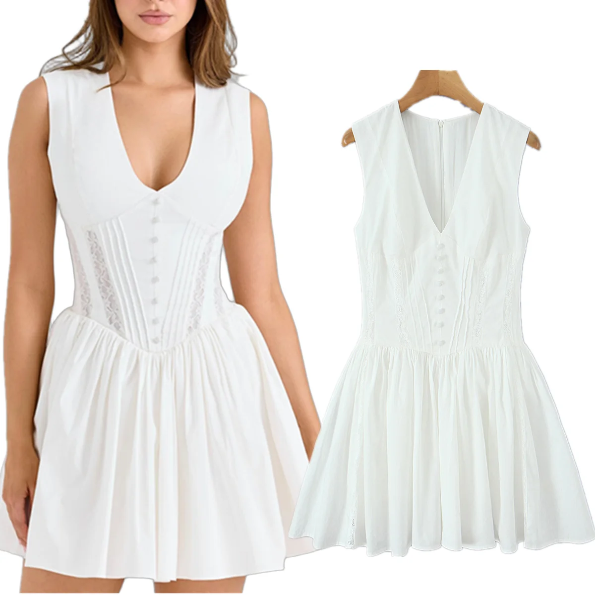 

Maxdutti French Indie Folk Elegant White Lace Embroidery Lace V-neck Cotton Sleeveless Dress For Women White Tank Dress