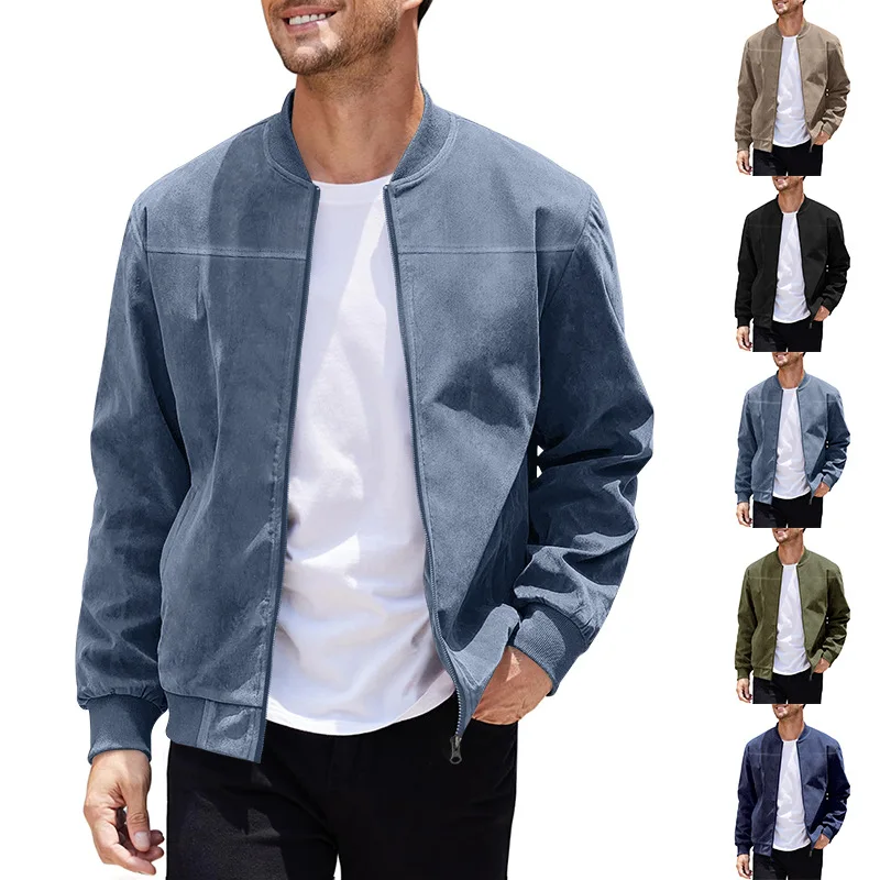 

New Men's Autumn Faux Suede Pilot Jacket, Slim Fit Bomber Coat, Stand Collar Zipper Jacket, Casual Male Outerwear