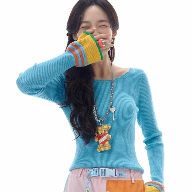 Outono inverno novo azul emenda listrado manga alargada renda camisola feminina design original retro lã malha pulôver senhoras