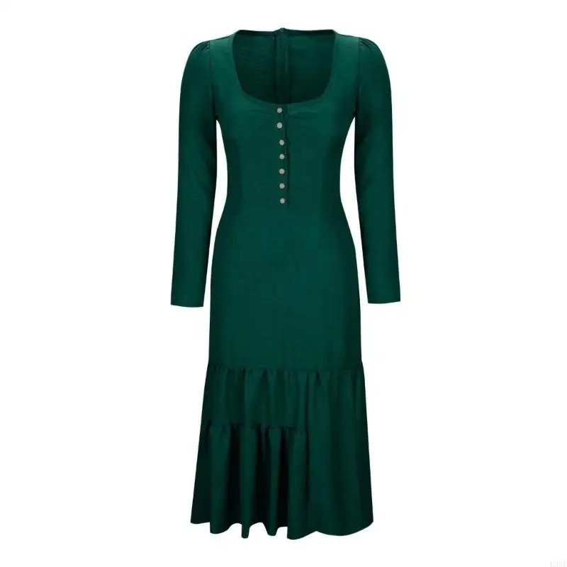 L38E Womens Long Sleeve Casual Western Dress Square Neck Button Front Fitted Waist A Line Skirt Side Slit for Dating Holidays
