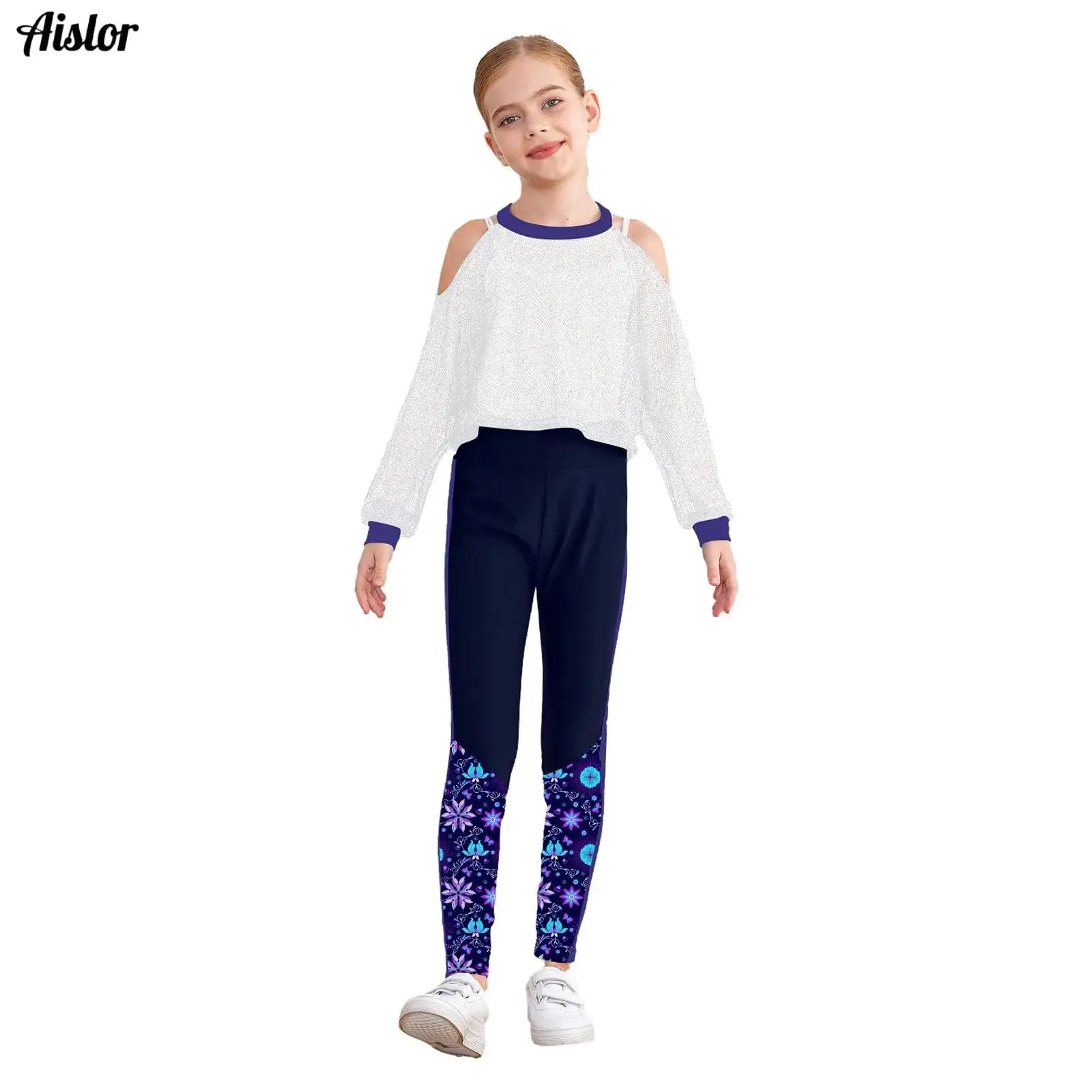 

3Pcs Girls Sportswear Cross Straps Vest with Long Sleeve Sequins Netting Cover Up Top and Leggings Set for Dance Yoga Gymnastic