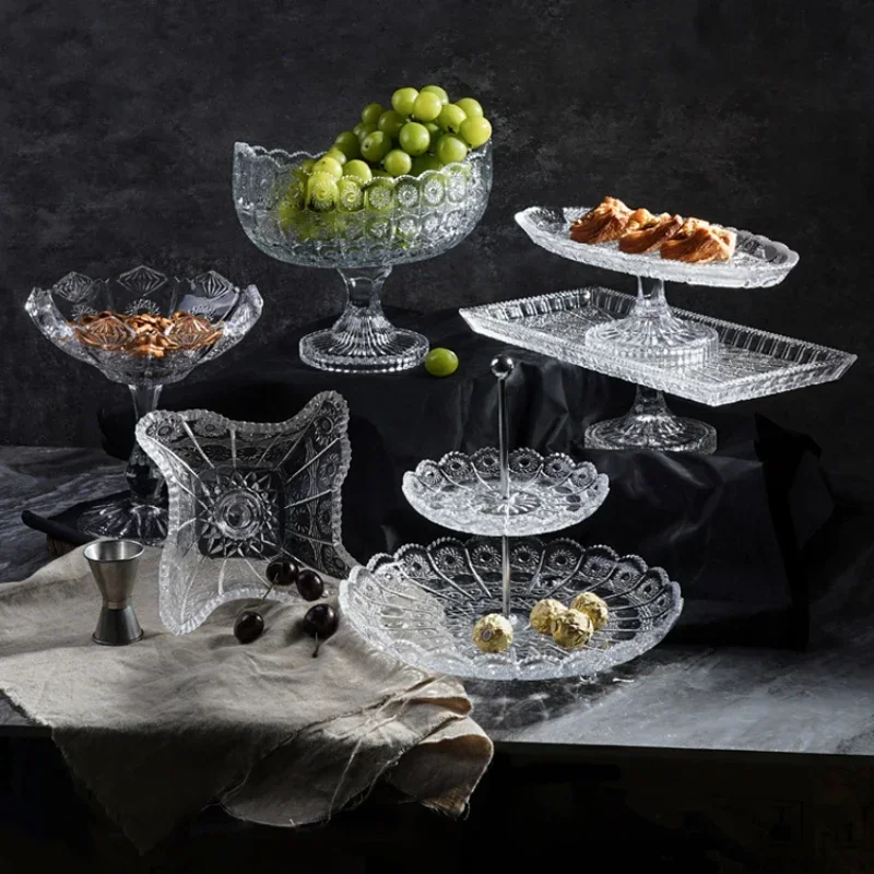 

New Surprise Silent Wind White Dessert Table Multi layered Transparent Display Frame European Glass Cake Plate High Foot Crystal