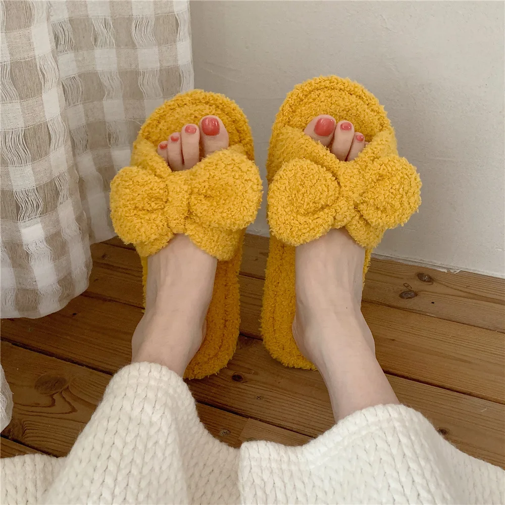 New Winter Women Sweet Bow Plush Slippers Warm Shoes Slides Cute Fuzzy Slippers Men Soft Footwear Home Cotton Shoes