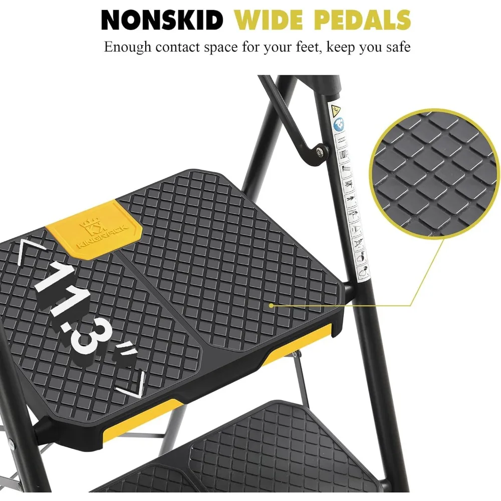 넓은 발판, 도구 플랫폼, 안전 잠금 장치가 있는 접이식 4단 강철 사다리, 가정 및 작업장용으로 휴대 가능하고 견고함