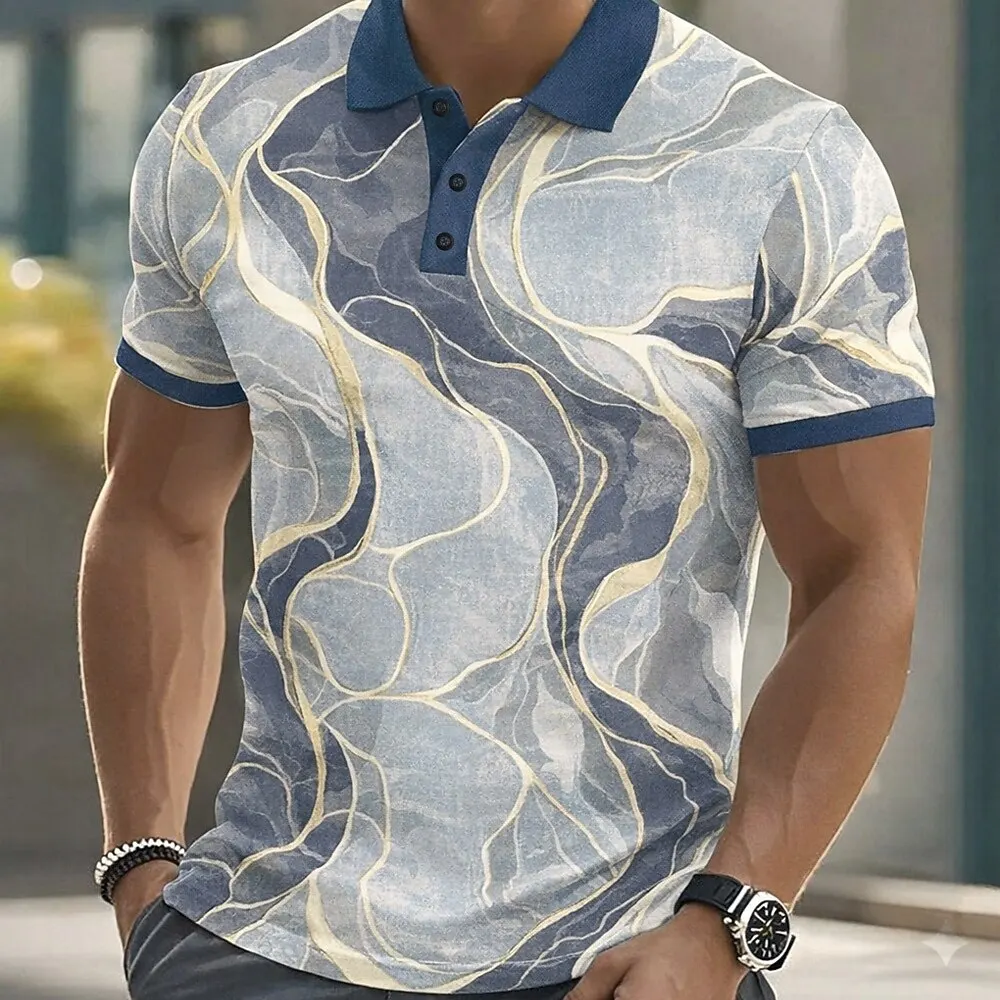 Men's Marble 3D Print Polo Shirts Short Sleeve Collared Button Casual Athleisure Daily Wear for Spring Summer Blue Purple Green