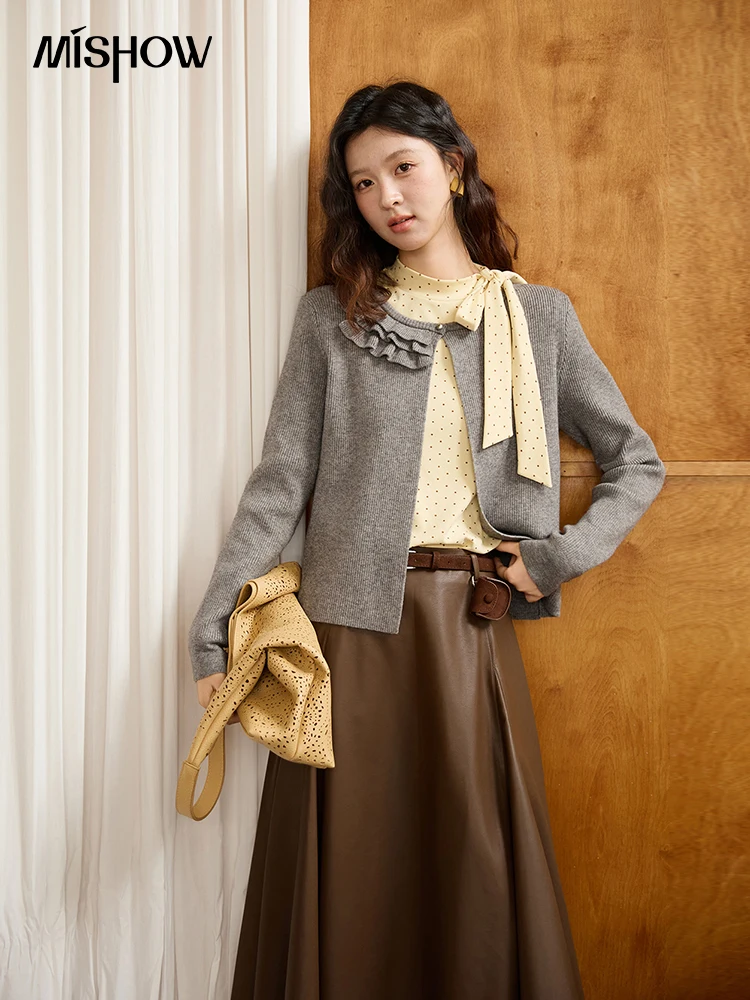 

MISHOW серый вязаный кардиган женский 2022, осень-зима, новый воротник с рюшами, цветочная пряжа в полоску, свободные повседневные топы для ленивых MXE45Z1378