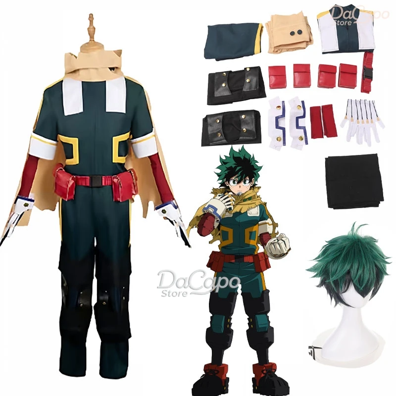 Disfraz de Anime Midoriya Izuku, Uniforme Verde de My HeroDeku, Peluca, Chal, Accesorios de Uniforme para Adultos, Traje de Fiesta para Hombres