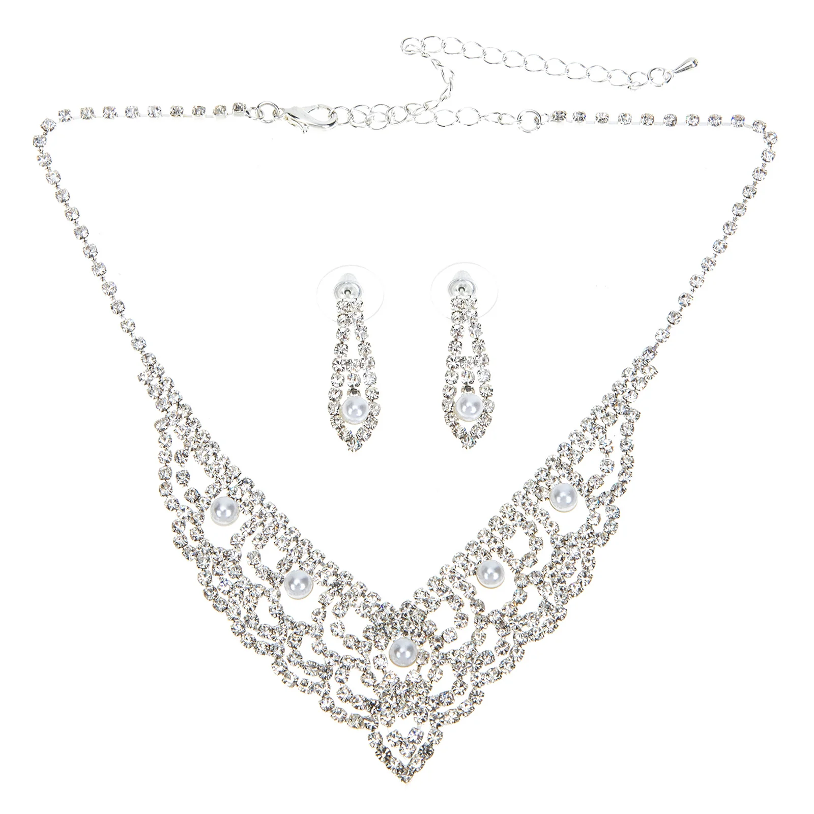 

1Set Rhinestone Pearl Necklace Earrings Set Stylish Bridal Wedding Jewelry Gift for Women Rhinestone Necklace Pearl Jewelry