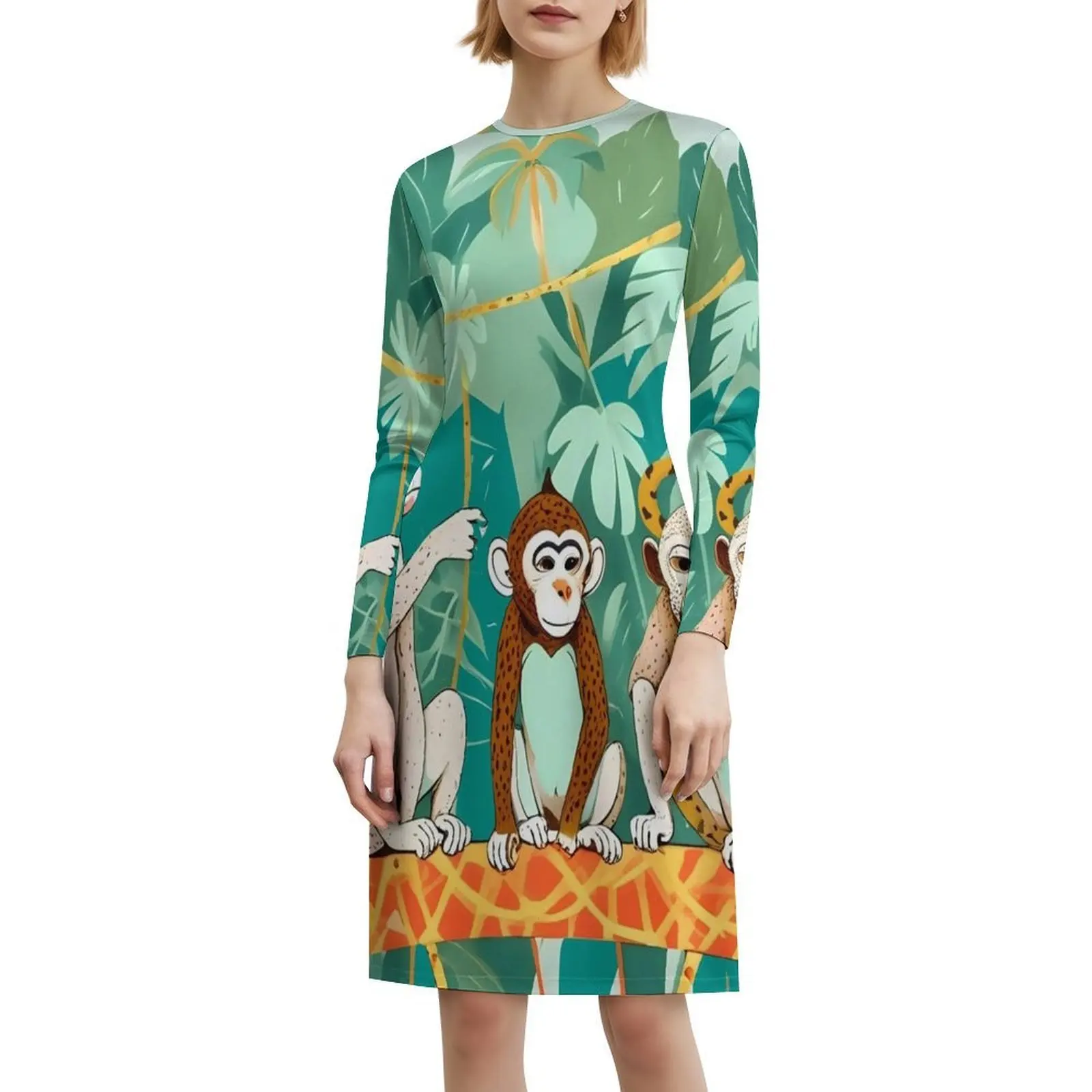 Jogar data macacos selva jogando animais travesso floral blusa vestido para mulheres primavera verão vestido casual para festa vida selvagem