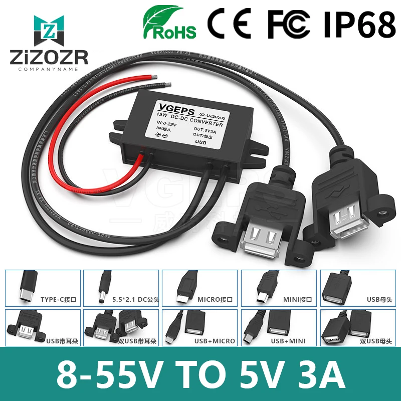 

DC Transformer 8-55V 12V 24V 36V 48V To 5V 3A Buck Power Converter Voltage Regulator Type C Mini Micro USB For Car Phone Charger