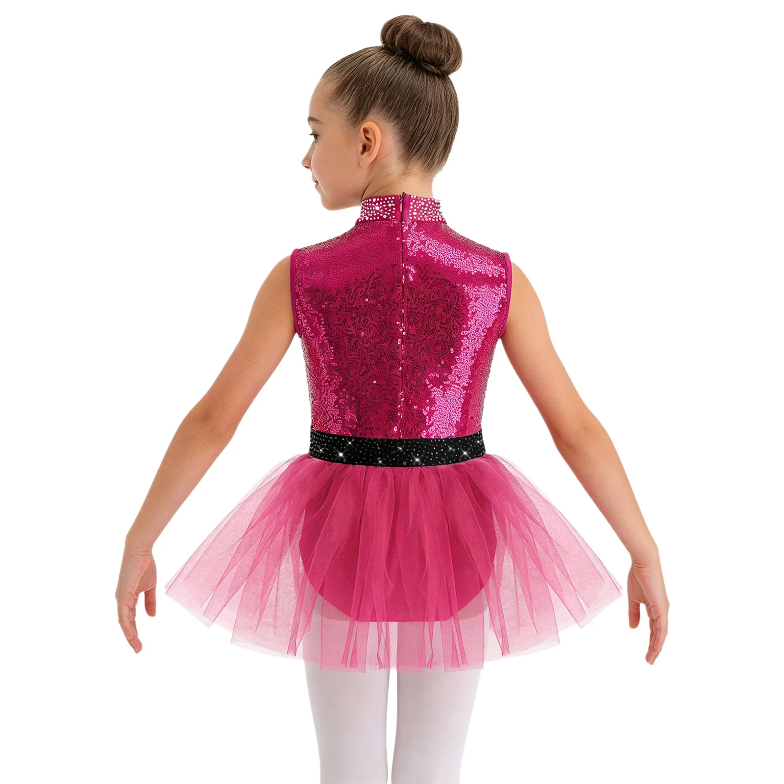 Children Girls Ballet Dance Figure Skating Costume Shiny Sequins Sleeveless Mesh Tulle Skirted Gymnastics Leotard Jazz Dancewear