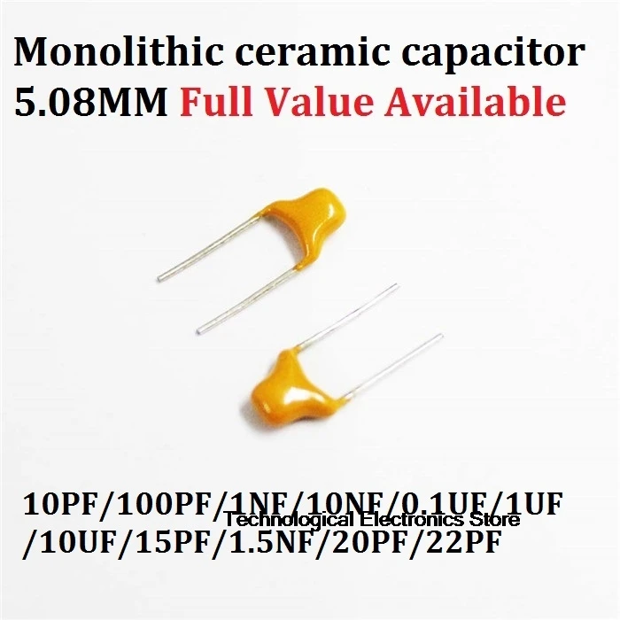 50PCS 101/102/103/104/105/106/150/152/200/220/ 50V 10PF/100PF/1NF/10NF/0.1UF 5.08MM Monolithic Multilayer Ceramic Capacitor 100/