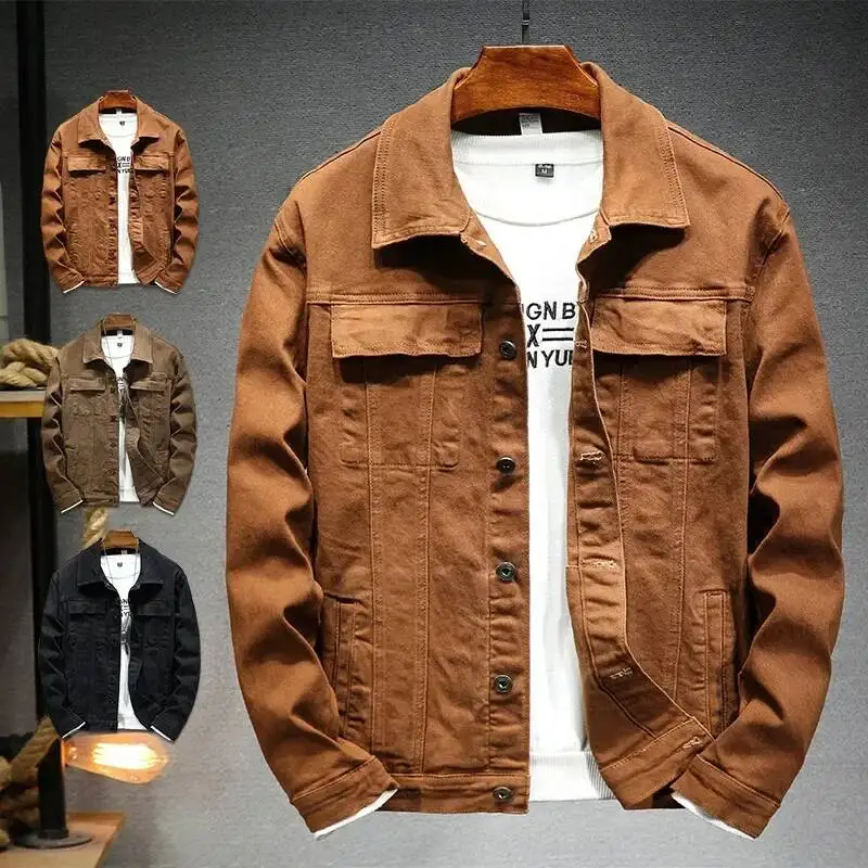 

Autumn Jackets Cotton Stretch Slim Denim Jacket Coats Fashion Turn Down Collar Casual Clothes for Men Vintage