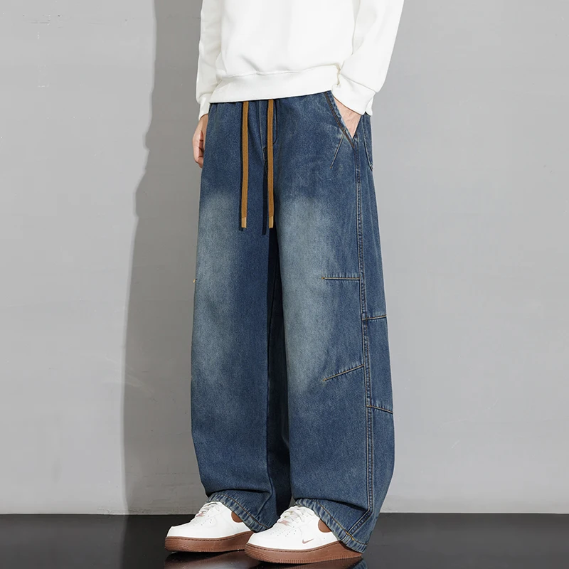 Men Wide Leg Jeans Drawstring Waist Loose Denim Pants Streetwear Stitched Detail Casual Long Trousers for Men Daily Wear