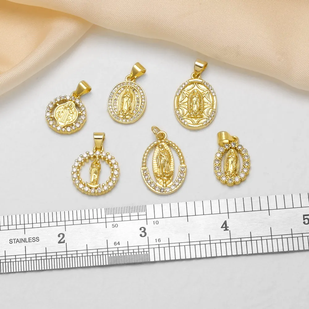 OCESRIO White Crystal Virgin Mary Pendant Copper Gold Plated Religious Virgin of Guadalupe Medal Charm for Jewelry DIY chma649