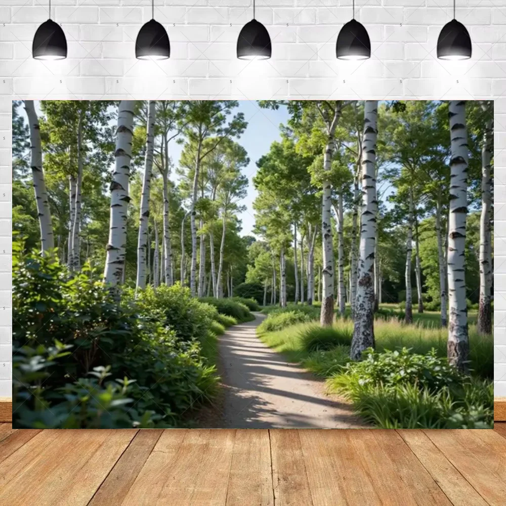لافتة خلفية لخلفية شجرة البتولا من Sunny Trail، منظر طبيعي للغابات، مستلزمات خلفية للتصوير الفوتوغرافي في بلاد العجائب، استوديو الصور #4