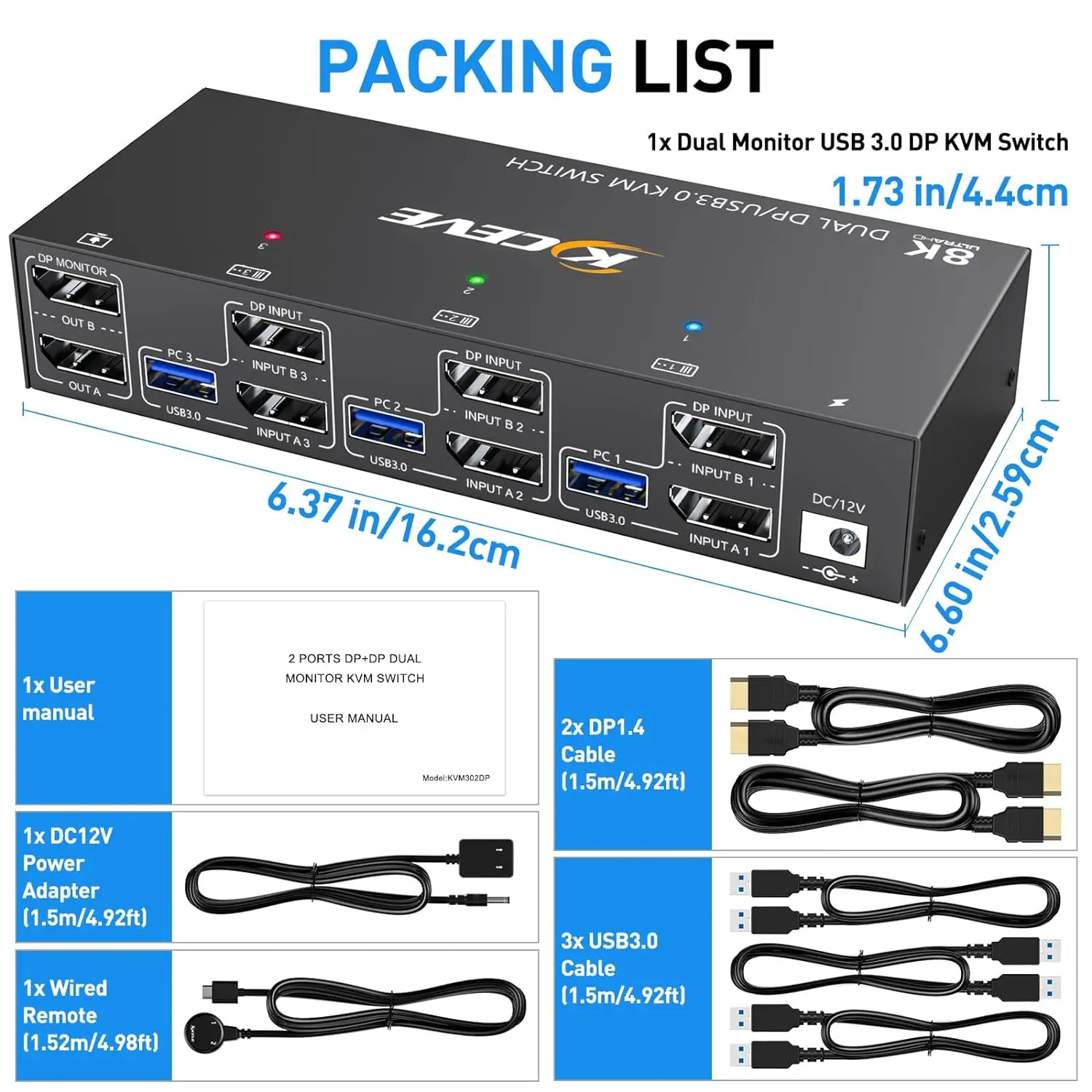 Przełącznik KVM 8K 2 monitory 3 komputery, podwójne monitory KCEVE Przełącznik KVM USB 3.0 Displayport, obsługuje 8K@60Hz dla 3 DP Port PC Sha