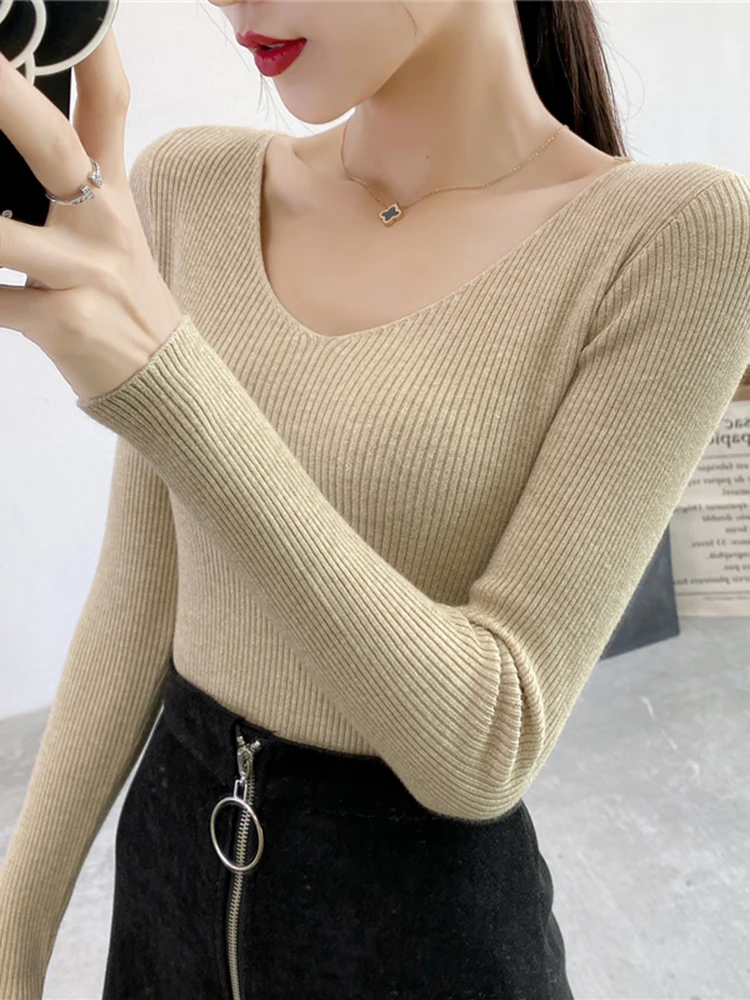 Spring Autumn V Neck Women Sweater Casual Long Sleeve Slim-fit Tops Knitted Pullover Sweaters Femme Basic Solid Pull Clothes