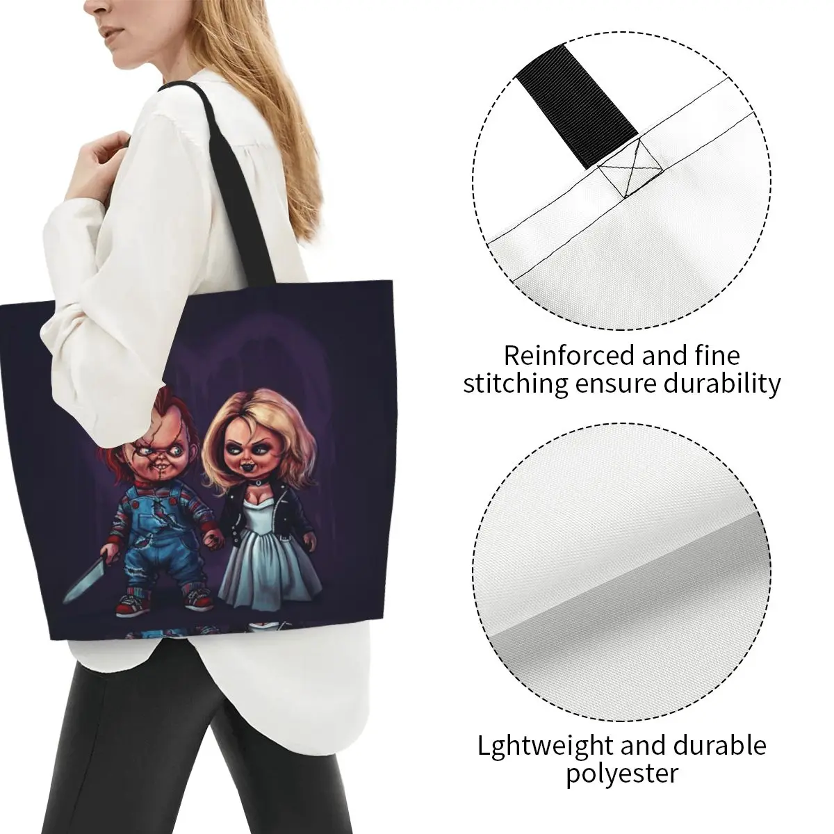 Bride Of Chucky Grocery Shopping Tote Bag Women Horror Movie Childs Play Canvas Shopper Shoulder Bag Big Capacity Handbag