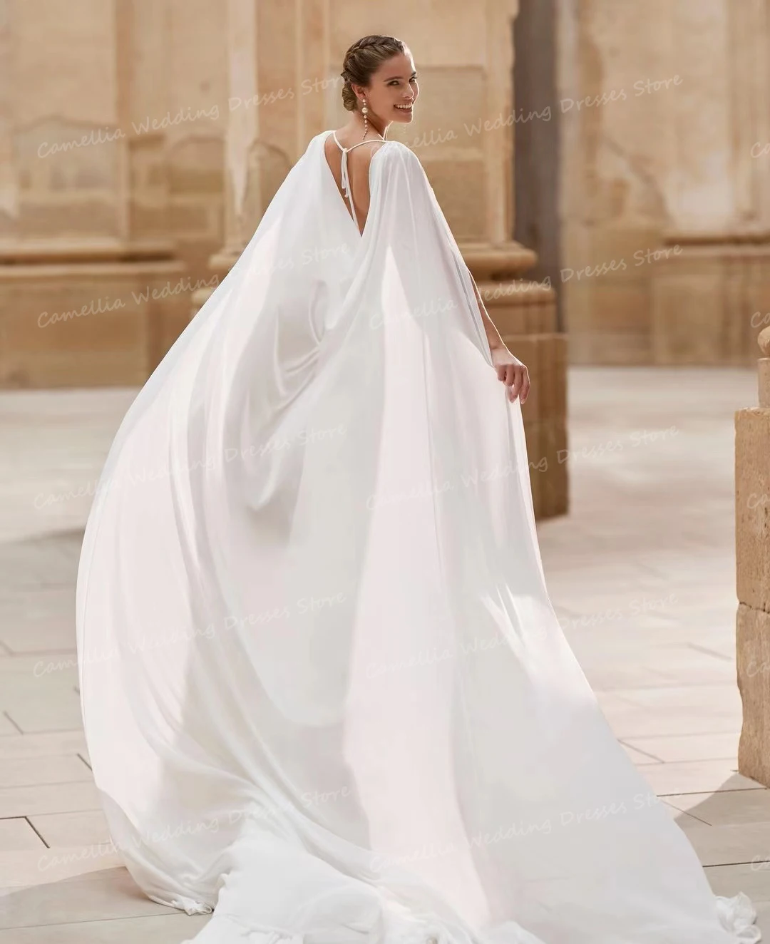 Abiti da sposa con applicazioni classiche 2024 scialle da donna Sexy con scollo A V senza maniche A Line abiti da sposa senza schienale in Chiffon abiti formali