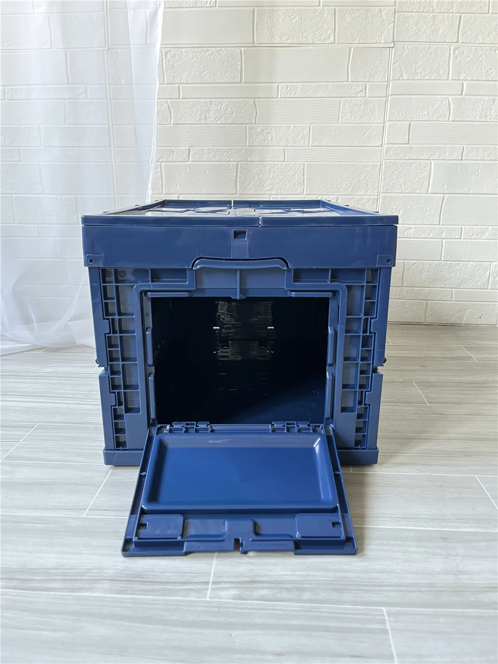 Promocja: Składany pojemnik 65L w kolorze granatowym, plastikowy, składany kosz do przechowywania z otwieraną przednią klapą, idealny na kemping i do domu.