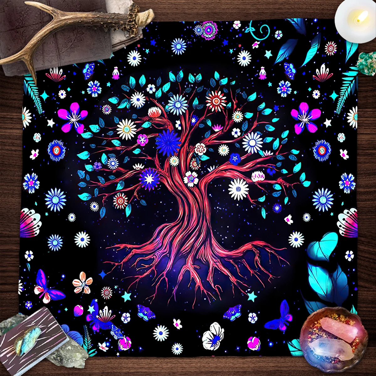 Tree Of Life Tarot Cards Tablecloth Altar Cloth Divination Witchcraft Decor Colorful Flower and Plants Tarot Table Cloth