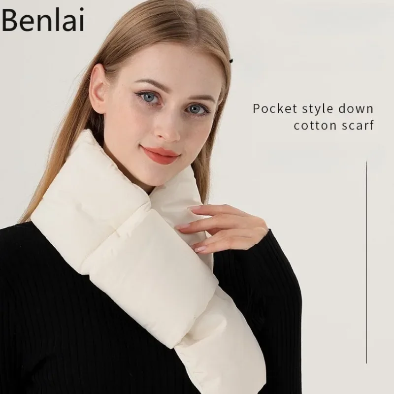 Winter Warm Scarf for Women, Outdoor Sports, Skiing, Cold Proof, European and American Cross Down Cotton with Velvet Pocket Neck