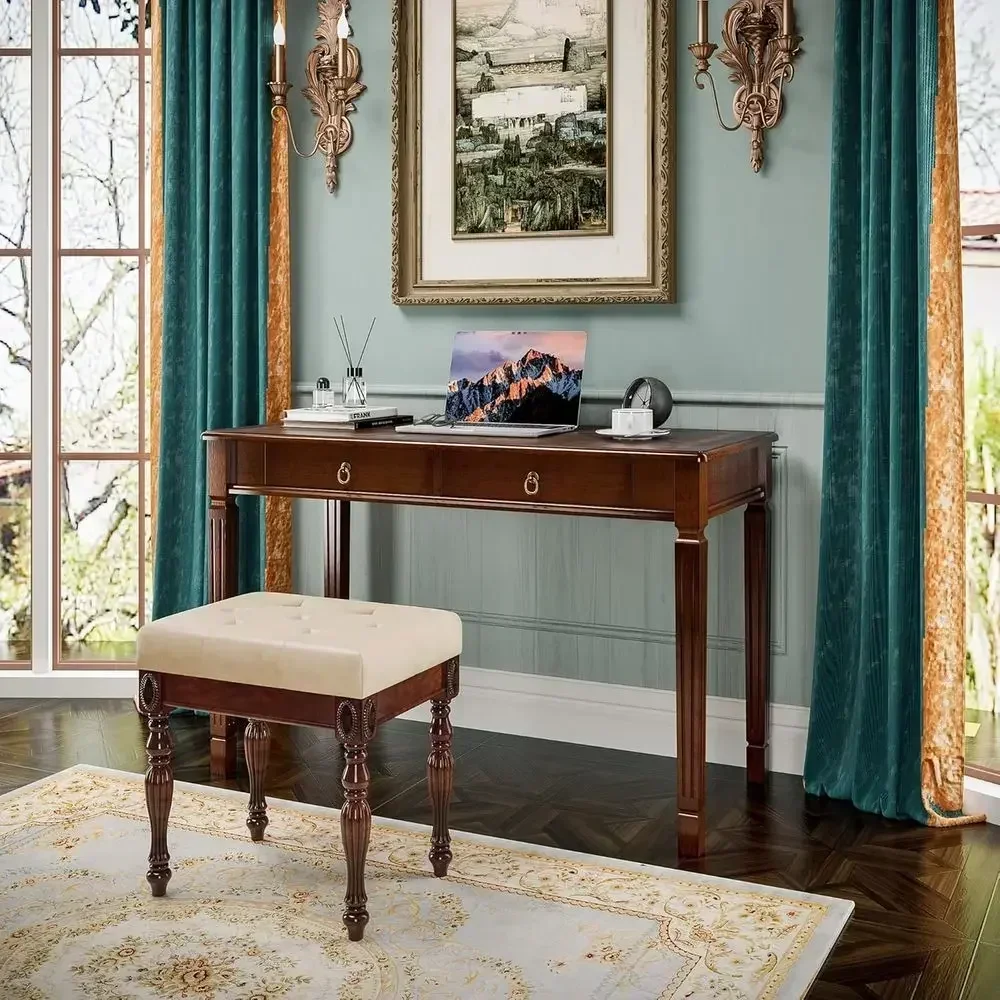 Cherry & Beige 46.1 Large Dressing Vanity Table Set with 2 Drawers and Cushioned Stool
