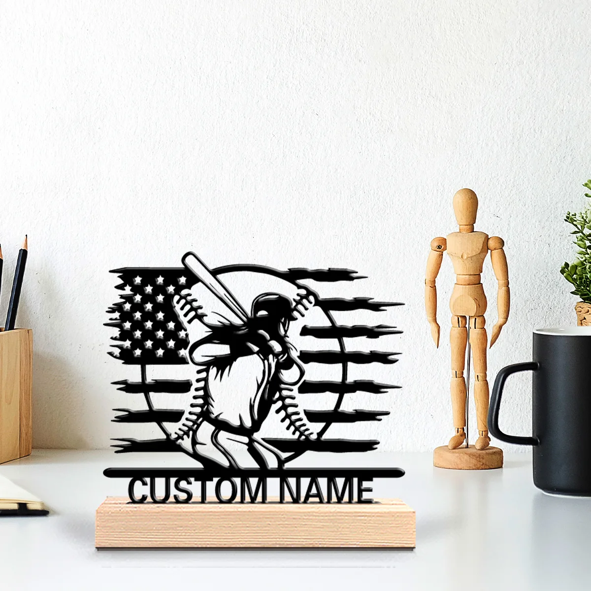 1pc Creative baseball Customized Letter Metal Statue Iron Ornament Art Figurine With Wood Base Iron SculptureFor Home Decor