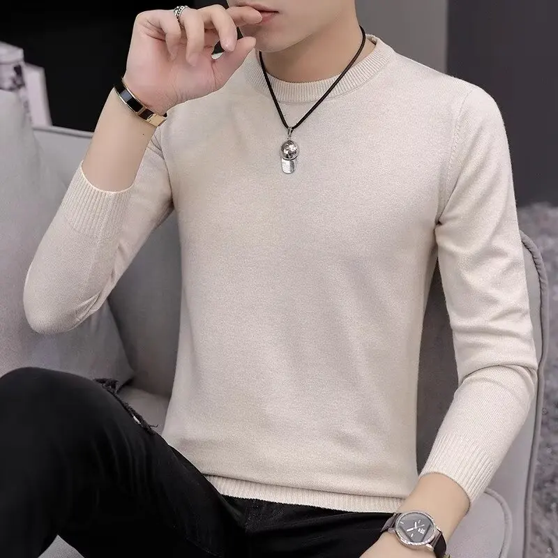 

Новый мужской тонкий свитер-базовый слой 2025 года, облегающий, круглый вырез, трикотаж, однотонный, повседневный, термобелье