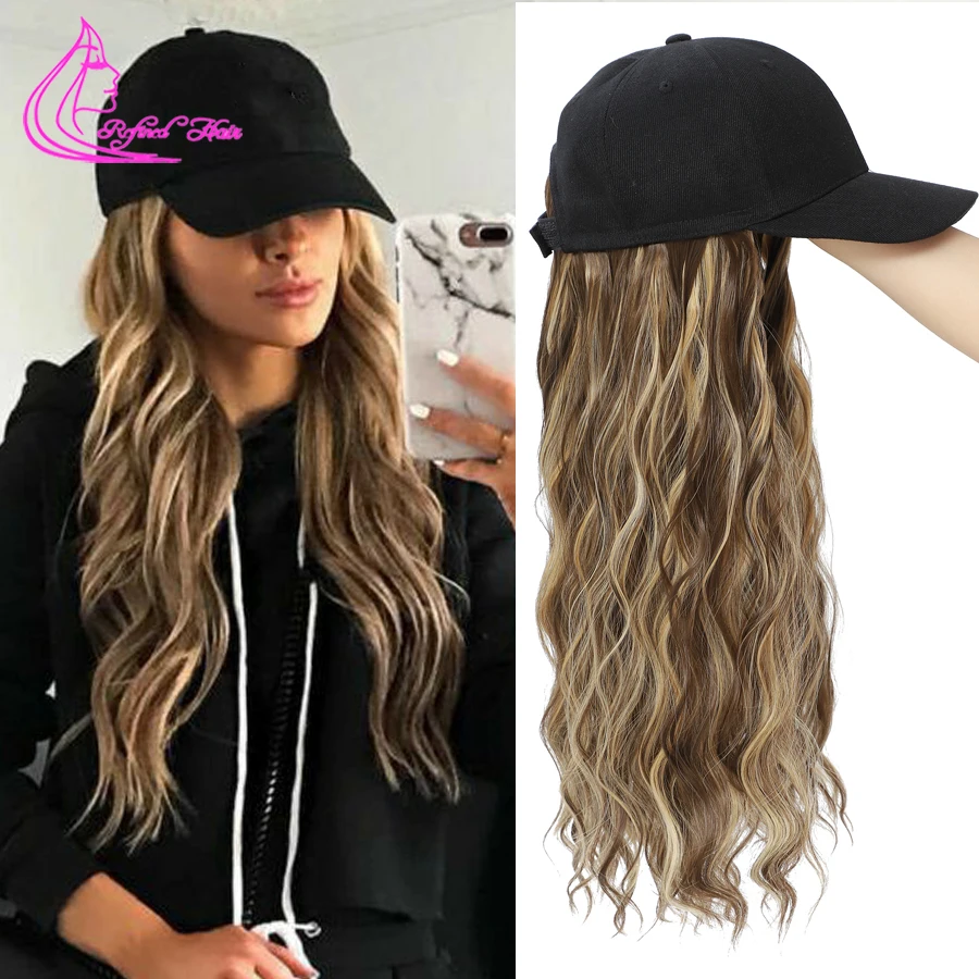 Synthetic Wavy Wig Baseball Cap With Natural Wave Hair Extensions Black White Hat Wigs for Women Girls Black Brown Blonde color