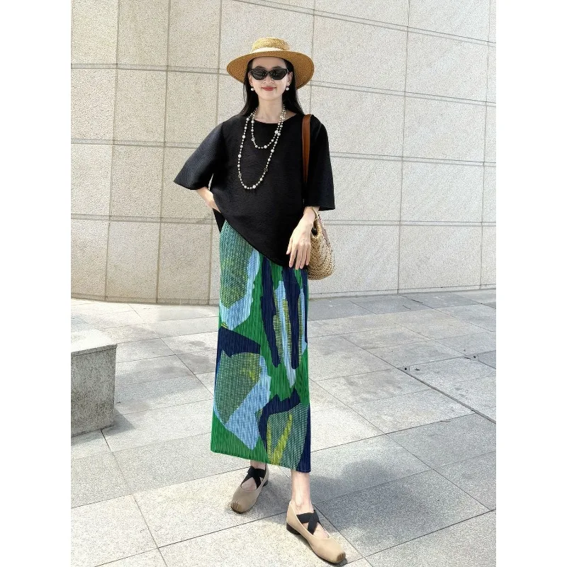 Blouse Skirt Suit Women's Summer Short-Sleeved Pleated Slit Fashionable Printed Round Neck New Comfortable Minimalist Versatile