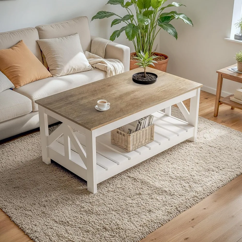 39" Farmhouse Coffee Table, Coffee Tables for Living Room, Farmhouse Square Coffee Table with Storage, Couch Table, Small Table